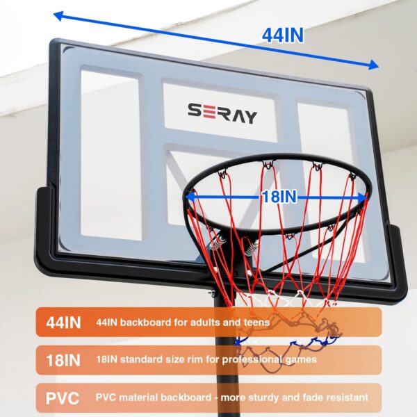 Seray Basketball Hoop with 3.8-10 Foot Height Adjustable for Kids/Adults, Portable Basketball Hoop Outdoor with 44 Inch Backboard and 2 Wheels for Outdoor/Indoor Sports